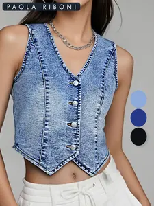 Women's Plain Denim Vest, Casual Sleeveless Vest for Summer, Ladies Clothes for Daily Wear, Minimalist Fitted Vest