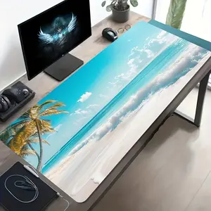 High Quality 1Pc Large Oversized Gaming Desk Mat & Mouse Pad Suitable For PC, Computer, Office - Non-Slip Rubber Base, Stain-Resistant With Beach Palm Tree Ocean Waves Design, Extra-Long Desk Pad For Gamers, Ideal Gift For PC/Laptop Setup
