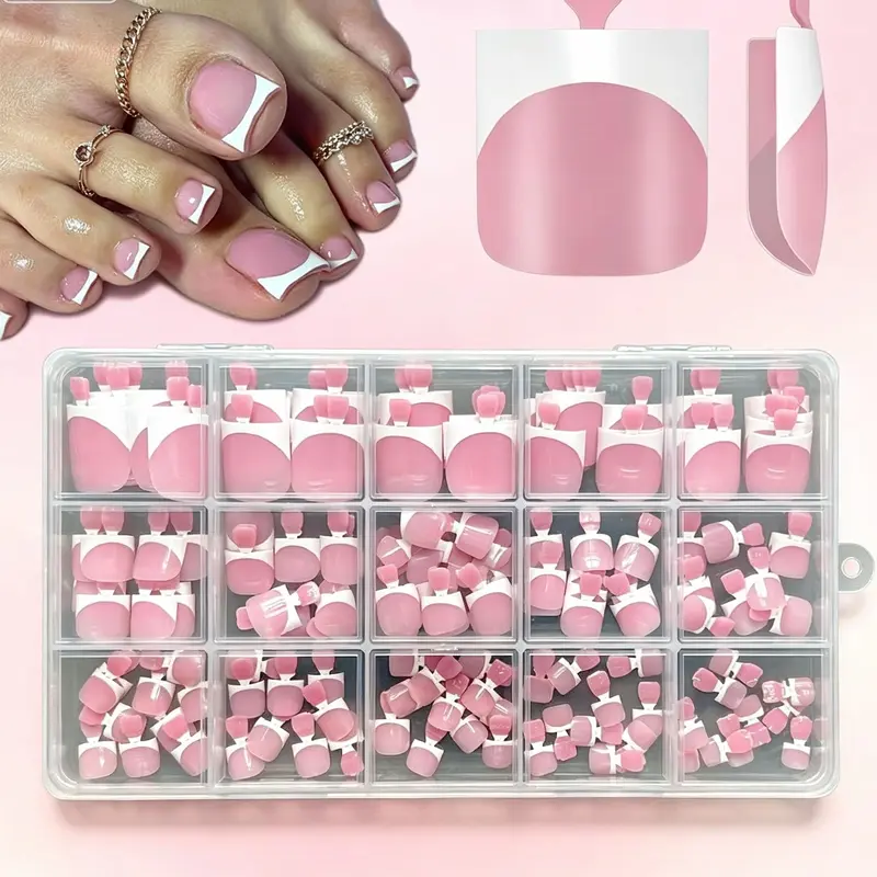 French Tip Toe Nail Tips Press on, Sharp Square Pre-Designed Soft Gel False Toenail Extension, BERRY PINK Pre-applied Tip Primer & Base Coat, Full Cover Acrylic for DIY x 15 Sizes 150 pcs