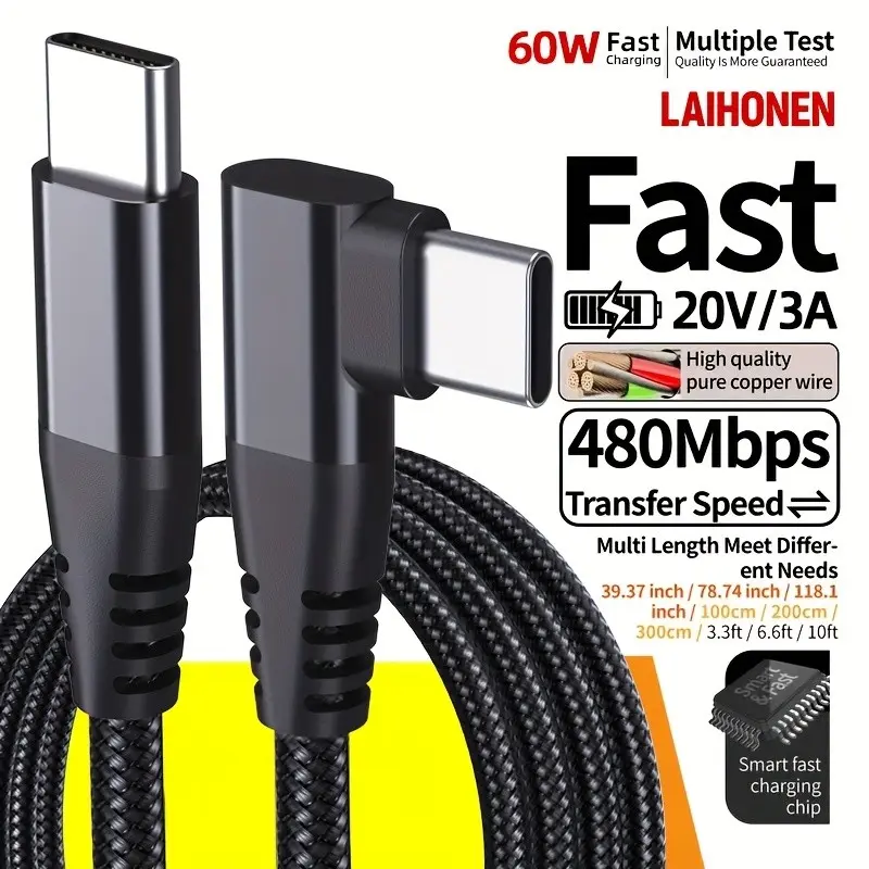 1pc/2pcs USB C to USB C Cable 60W 3A, 90 Degree 3.3/6.6/10ft Nylon Braided Type C to Type C PD Super Fast Charging Lead Compatible with for MacBook Pro, for iPad Pro, for Galaxy, USB C Charger