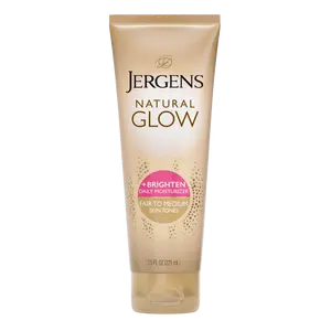 Jergens Natural Glow +Brightening Self Tanner Body Lotion, Sunless Tanning, Fair to Medium Skin Tone, Daily Moisturizer with Coconut Oil, Vitamin E and Antioxidants, 7.5 Oz