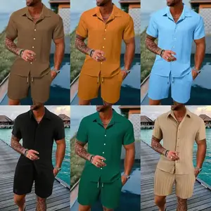 2025 Summer Men's Shirt Casual Loose Short Sleeve Shorts Beach Set Clothes Suits(Sheet)