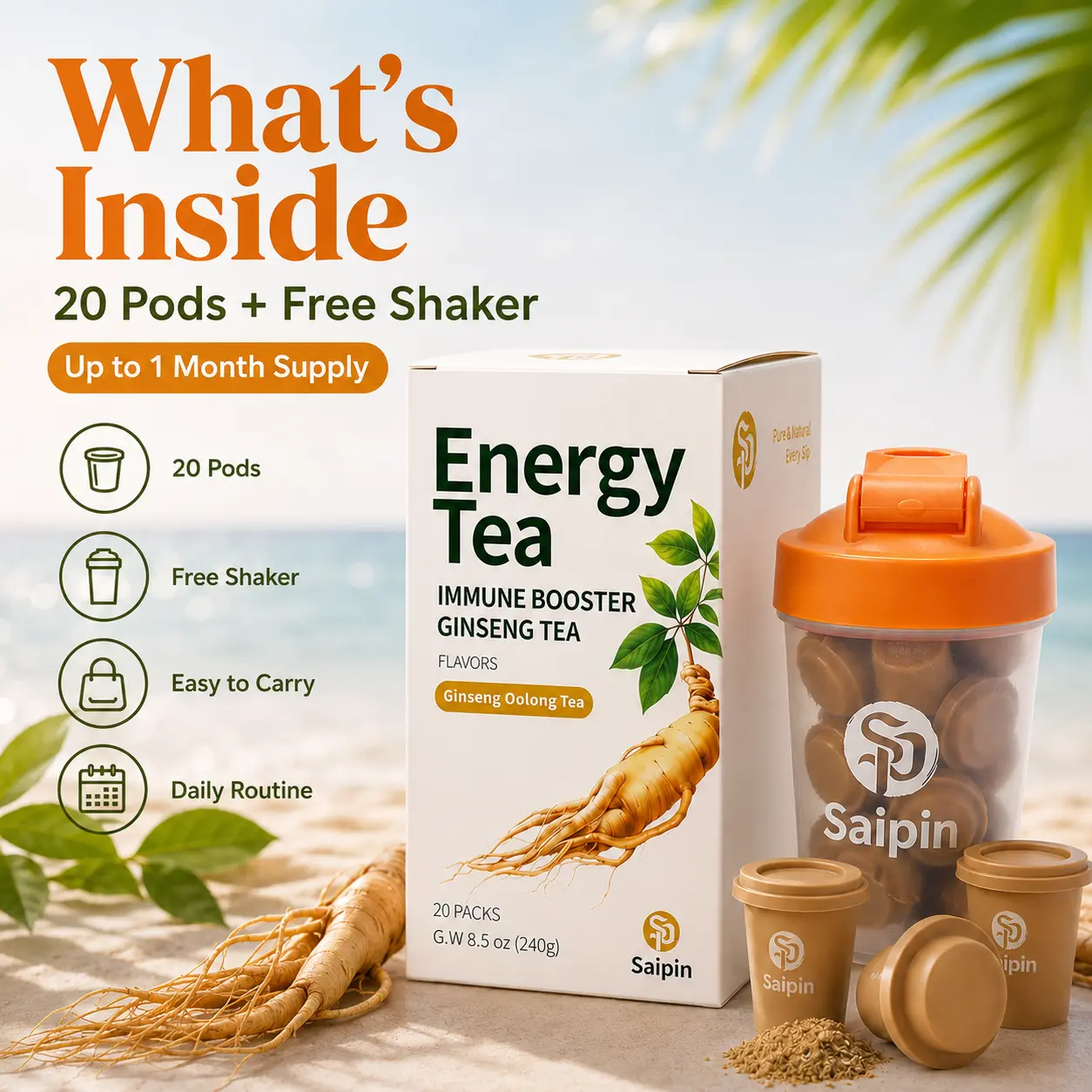 Loaded Tea , Energy Tea Powder with Ginseng  No Sugar Non-GMO Immune Booster Ginseng Tea 20 Pods + FREE Shaker
