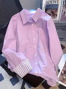 Women's Long Sleeve Button Front Collared Shirt, Aesthetic Casual Fitted Striped Patchwork Blouse, Fall & Winter Woven Fabric, Versatile Commuter Top, Button Lapel Shirt