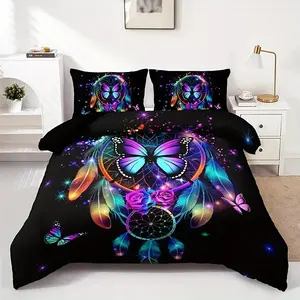 3-Piece Fashion Colorful Butterfly Animal Print Bedding Set, Digital Print Home Use, Universal Fit, One Size, No Ca Prop 65 Warning
