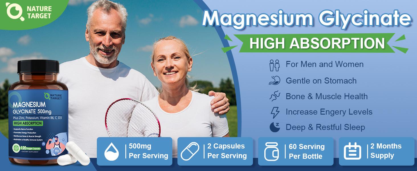 NATURE TARGET Magnesium Glycinate 500mg, Chelated Magnesium with Zinc & Vitamin D3 for Muscle, Nerve & Bone, Support Heart Health & Leg Cramp, Strength Immune System - 120 Capsules