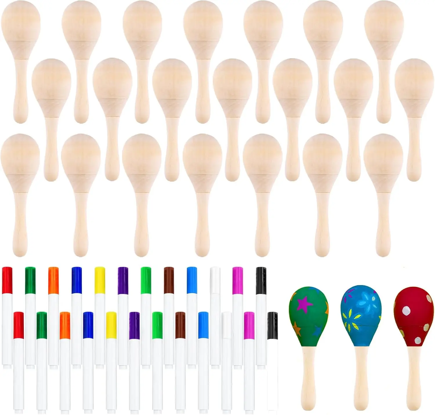 24 count DIY Mini Wooden Maracas for  with 24 count Multicolor Pens, Fiesta Mexican Maracas Favors, Cinco De Mayo Party Supplies Decorations