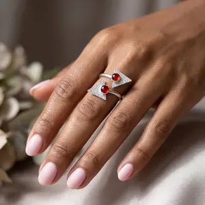 Sterling Silver Open Shank Adjustable Double Triangle Shape Ring with Natural Carnelian Gemstone
