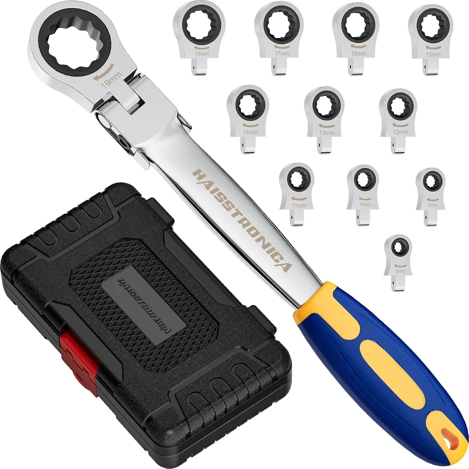 Haisstronica 12-in-1 Interchangeable Heads Ratchet Combination Wrench Set - 8-19mm Metric Flex Head Auto Repair Tools with Ratcheting Action, Multi-Size Spanners & Wrenches for Auto, DIY Maintenance