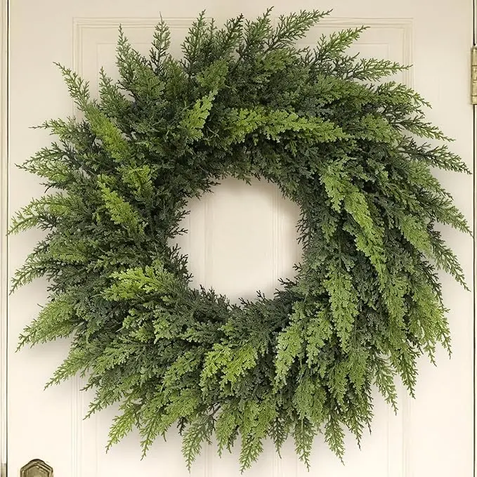 24 in Round Artificial Cedar Wreath with Real-Touch Pine Needles - Easy Install Holiday Outdoor Decorations for Front Door, Christmas Home Use