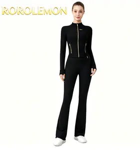 ROROLEMON  Luxury Gold Zipper Full-Zip Jacket & Flare Leggings Set