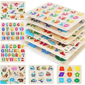 Wooden Peg Puzzle for Toddlers, 6 Pack Toddler Puzzles Set for 3 4 5 Years Old (Alphabet Number Shape Animal Dinosaur Vehicle), Preschool Education Learning Puzzle Toys for Girls and Boys