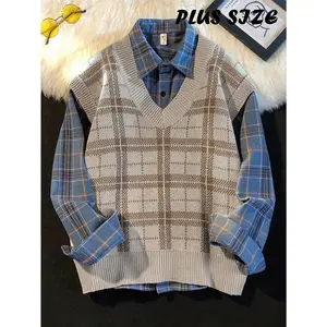 Men's Plus Size Plaid V-Neck Sweater Vest - Casual Khaki & Blue Checkered Knit for Spring/Fall, Polyester Blend, Hand Wash or Dry Clean, PLUS SIZE