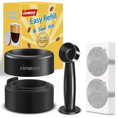 CAPMESSO Reusable Vertuo Pod Refill Kit for Nespresso Vertuo Machines - 2024 Newest Design, Faster-Seal, Boosts Refill Efficiency, Dual-Ended Brush, 100-Count Aluminium Lids, Coffee Accessories for Any Powder Filling