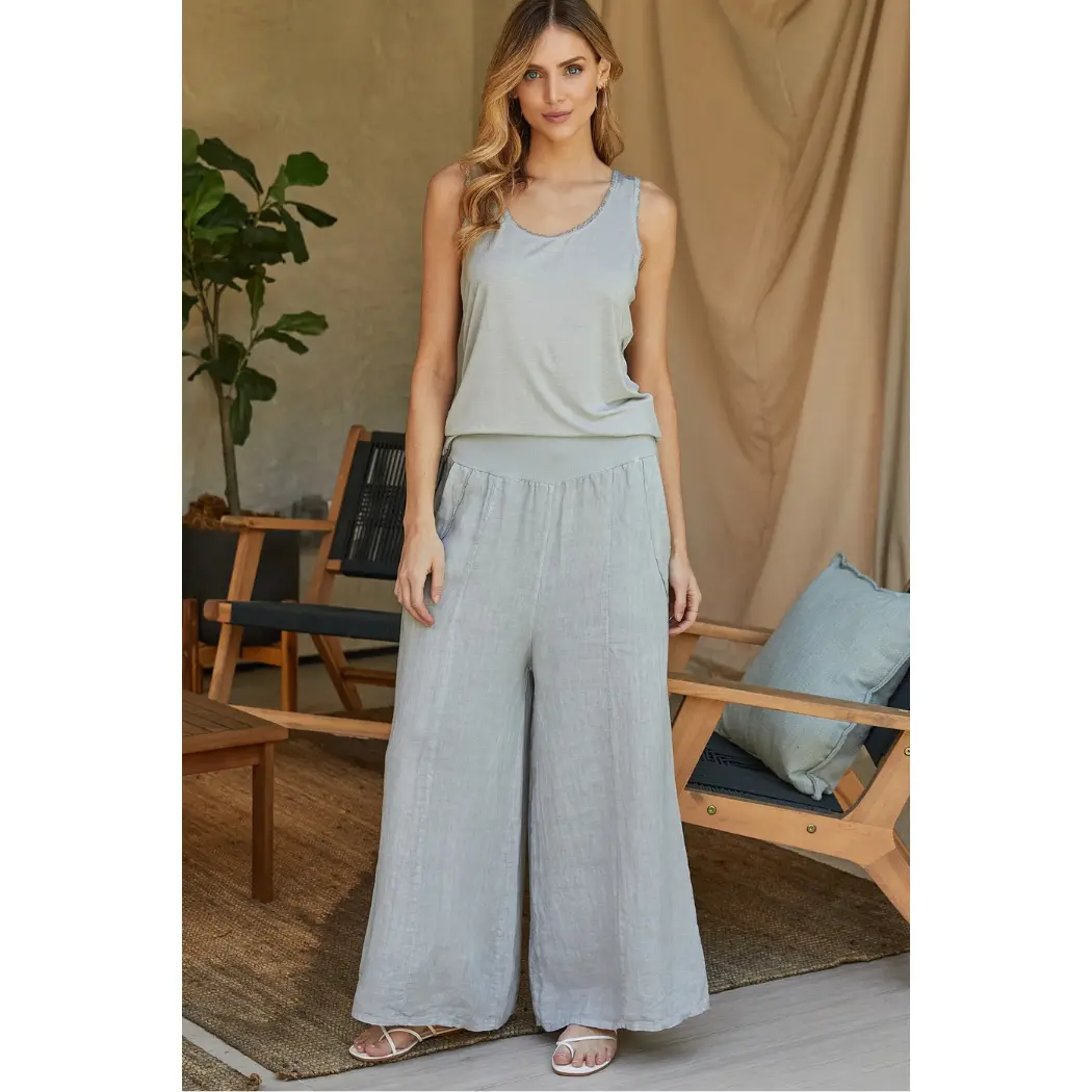Stitch Detail Wide Leg Linen Pants