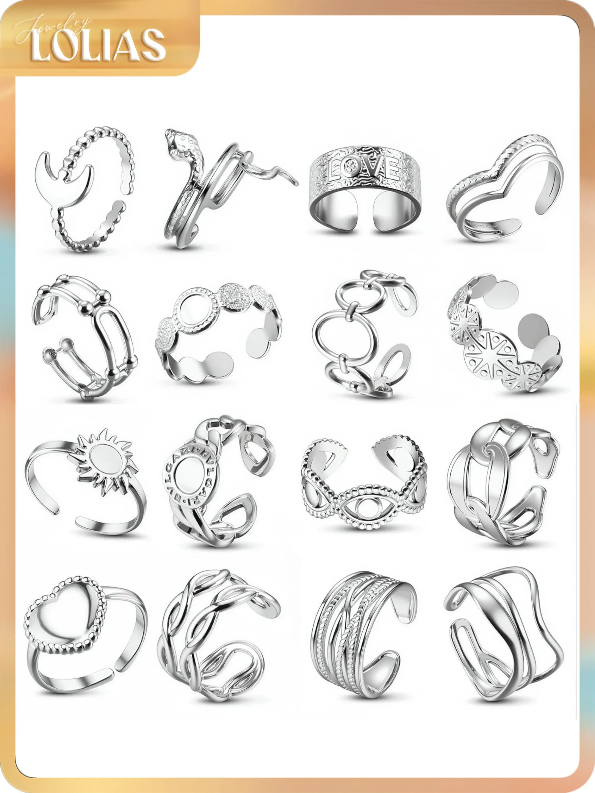 LOLIAS 16Pcs Stainless Steel Rings for Women Chunky Silver Rings Non Tarnish Stackable Ring Open Adjustable Thumb Finger Statement Rings Set, Daily, Metal Coating