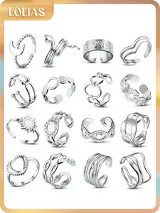 LOLIAS 16Pcs Stainless Steel Rings for Women Chunky Silver Rings Non Tarnish Stackable Ring Open Adjustable Thumb Finger Statement Rings Set, Daily, Metal Coating
