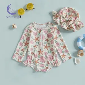 Toddler Girls Rash Guard Swimsuit with Hat 2 Pcs Set Shell Starfish Pattern Zip Up Long Sleeve Crew Neck Baby Girls Swimwears