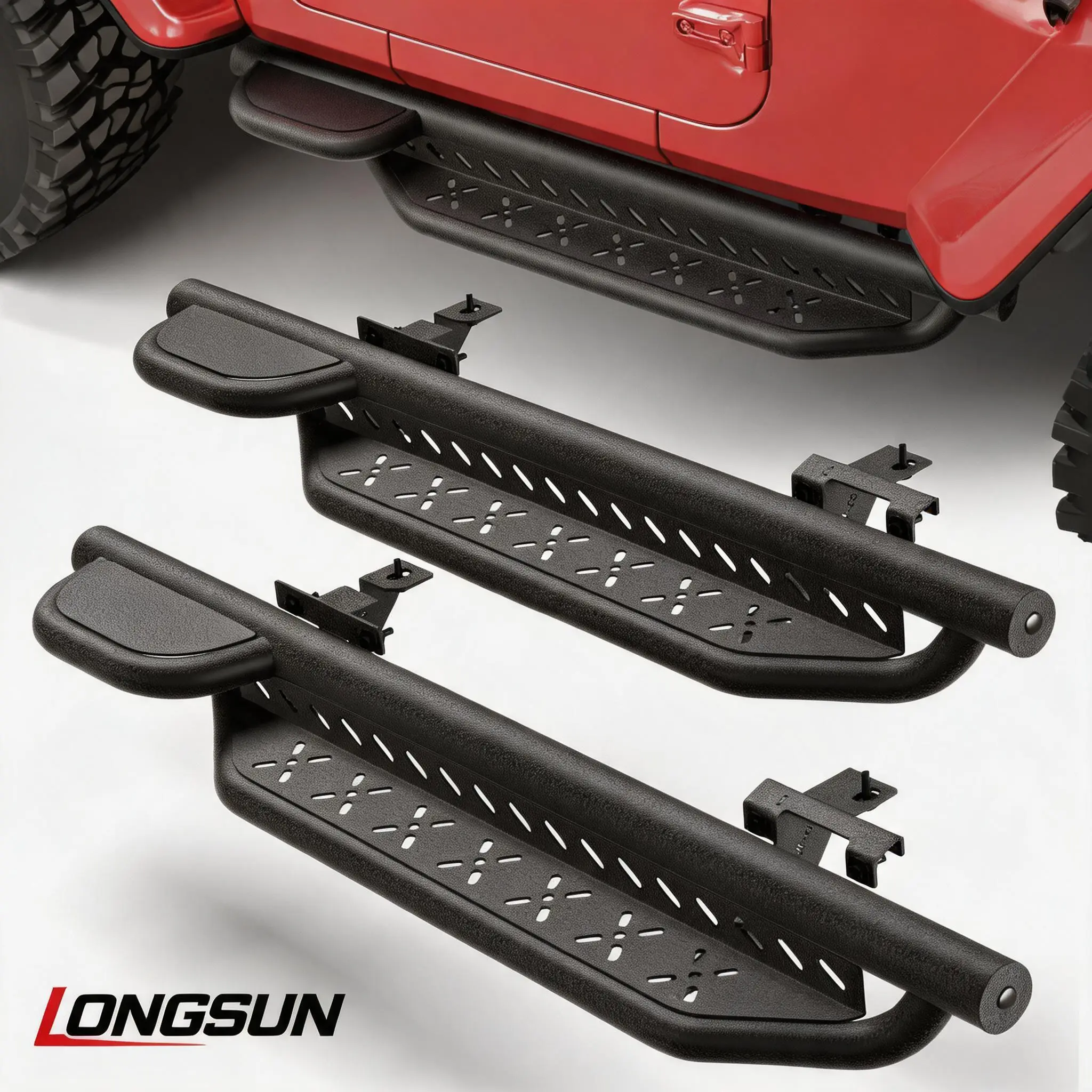 Longsun Running Boards for 2019-2025 2-Door Jeep Wrangler JL - 2PCS Heavy-Duty Carbon Steel Nerf Bars, Automotive Vehicle Car Accessories, 2-Step Convenient Design, Factory Body Structure, Durable, Stable Step, Improves Passenger Safety