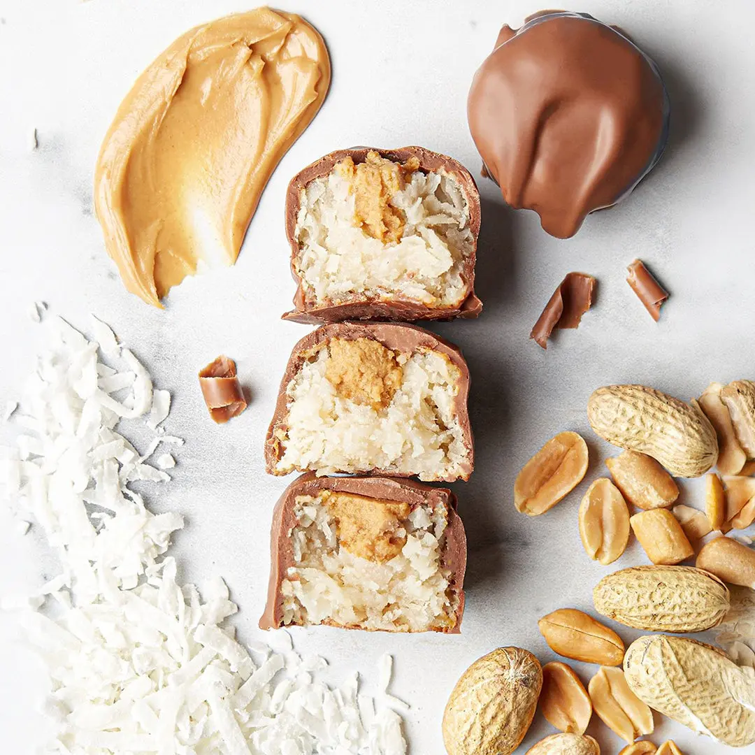 Peanut Butter Maccs – Toasted Coconut Treat with Peanut Butter & Belgian Milk Chocolate
