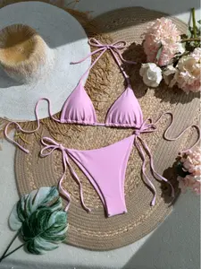 New Bikini Swimsuit for Women, Solid Color Thong Style Sexy Swimwear, Adjustable Straps Two-Piece Tie Back Bikinis Swimming Suit