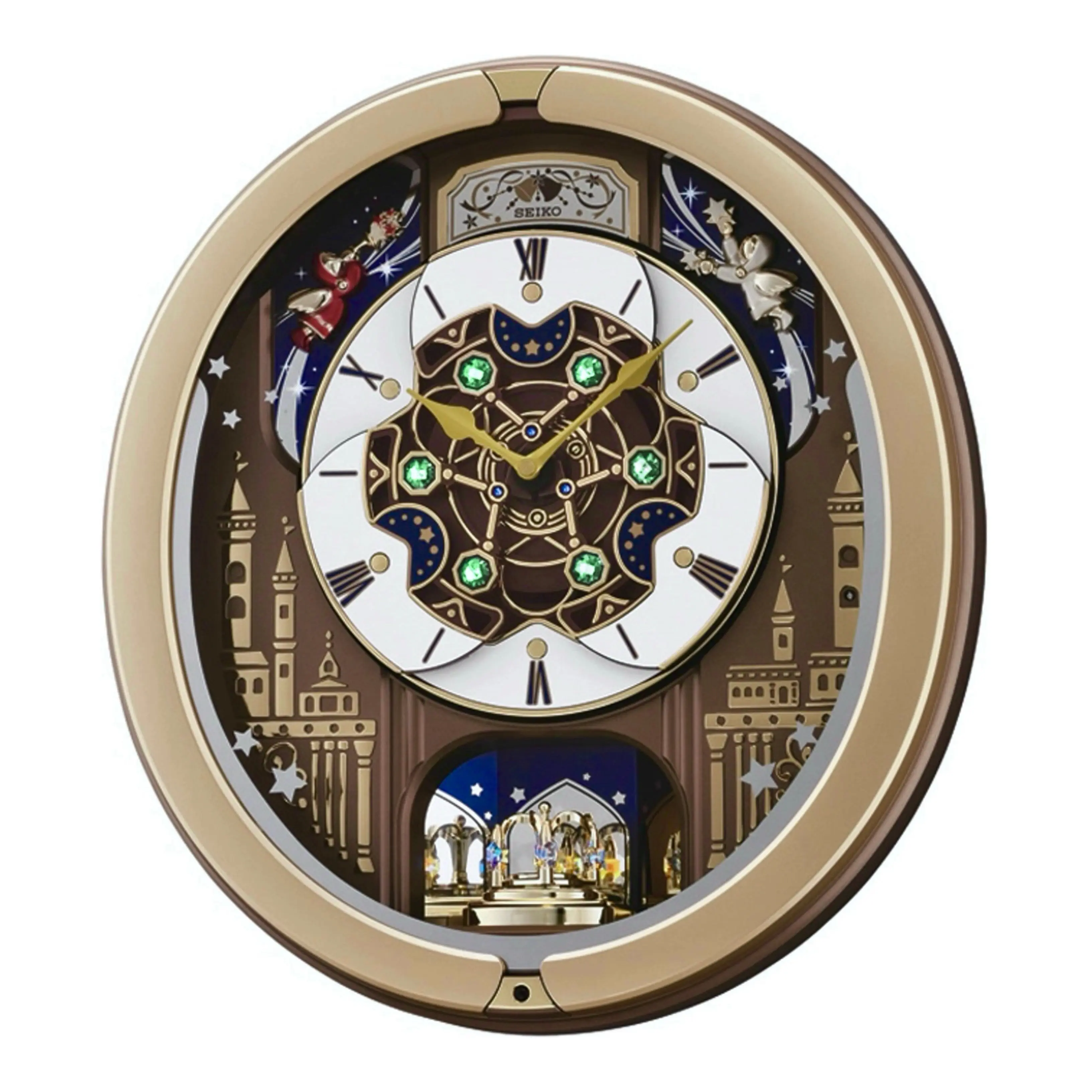 Seiko QXM350GRH "Starry Night Skyline" Melodies in Motion Dancing Dial Musical Wall Clock with 18 Songs