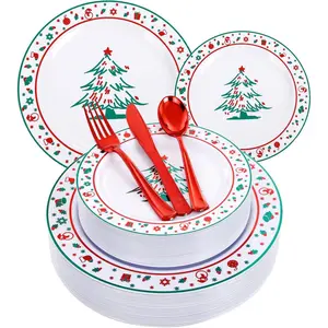 150-Piece Christmas Plastic Dinnerware Set Christmas Plastic Tableware Set Red and Green Christmas Tree Pattern Disposable Plates Christmas Party Decorations New Year Party Red Plastic Tableware