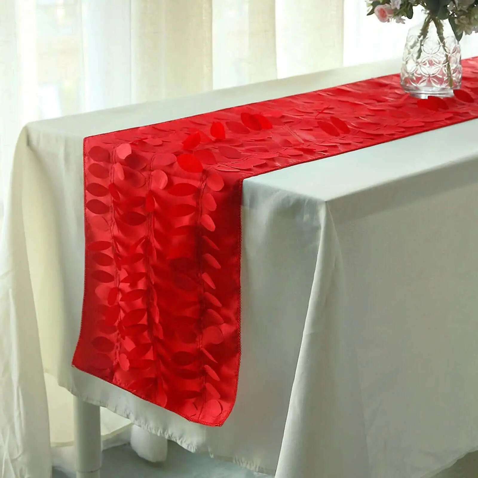 12"x108" Red Taffeta Fabric Table Runner - 3D Leaf Design, Machine Washable, Dry on Low to Medium Tumble, Iron Medium-High Heat with Steam, Non-Customised for Weddings Decoration
