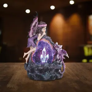 8"H Purple Fairy and Baby Dragon with LED Faux Crystal Stone Statue Fantasy Night Light Decoration Figurine