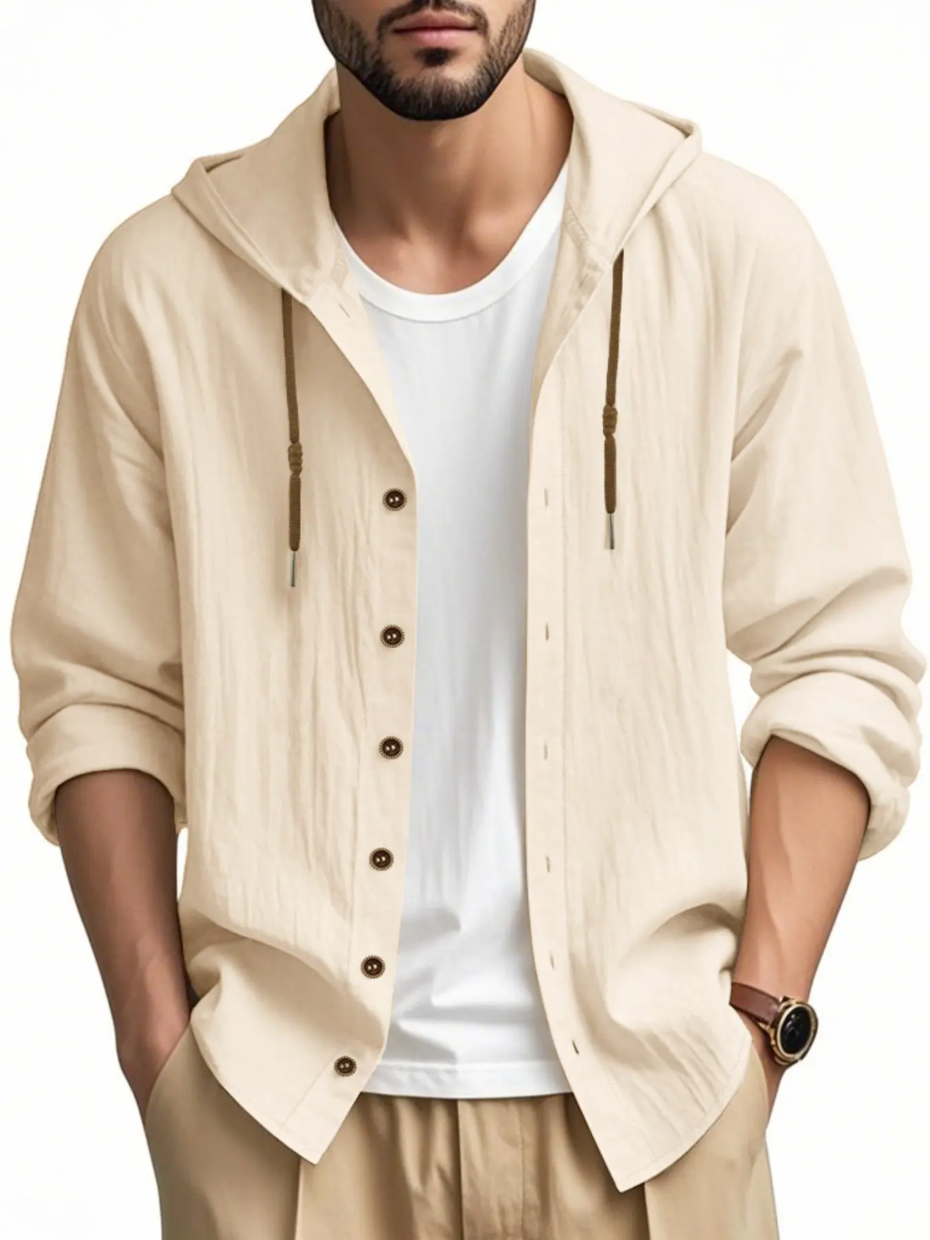 Men's Hooded Drawstring Cotton Linen Shirt, Pure Color Plain Loose Long Sleeve Casual Top, Beach Jacket, European and American Style, Hooded Design