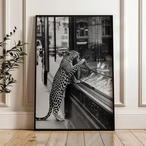Iconic Black and White Leopard Street Photography Wall Art – Luxury Jewelry Window Scene