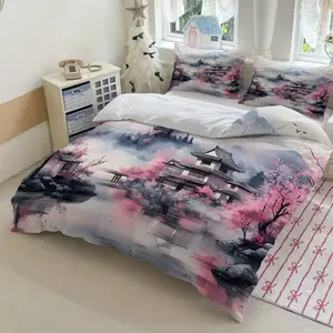 Japanese Cherry Blossom Temple Print Bedding Set (1 Fitted Sheet + 2 Pillowcases), No Core, Bedroom Decoration