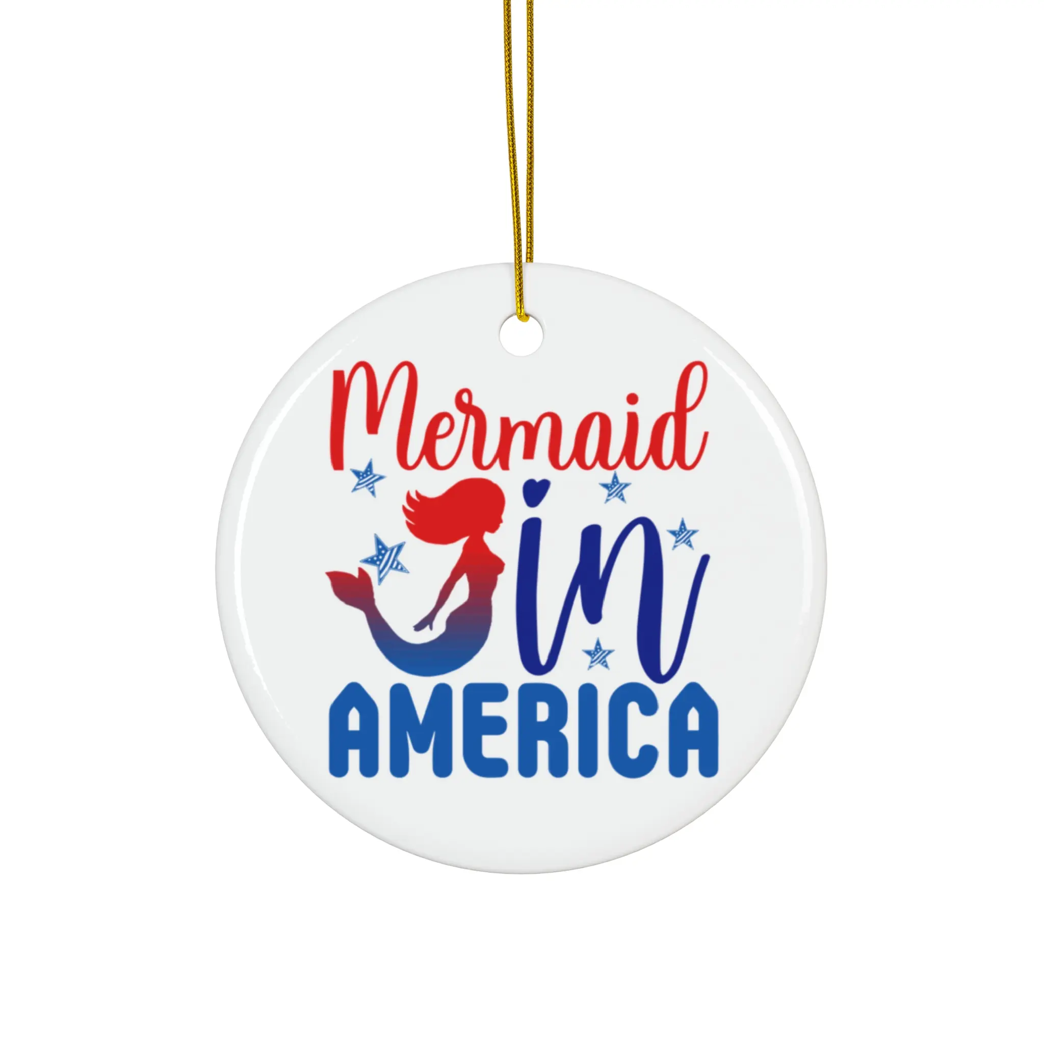 MERMAID IN AMERICA ORNAMENT, CHRISTMAS DECORATIONS, 3 INCHES CIRCLE ORNAMENT, CERAMIC ORNAMENT