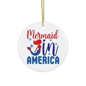 MERMAID IN AMERICA ORNAMENT, CHRISTMAS DECORATIONS, 3 INCHES CIRCLE ORNAMENT, CERAMIC ORNAMENT