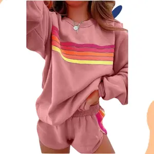 Women's 2-Piece Soft Cotton Rainbow Stripe Comfy Fit Set - Loose Round Neck Long-Sleeve Polyester Oversized Sweatshirt, Stretchy Sleeves, Elastic Waist Leg Shorts, Casual Clothes for Home & Outings