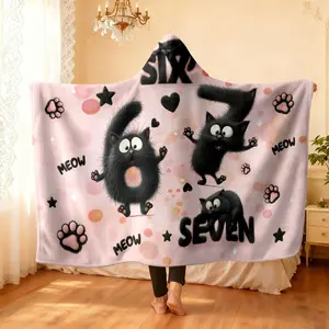 1 piece hoodie blanket wearable blanket 67 hot stem cute black cat pink cat claw print star element print soft and comfortable bedroom living room sofa cover blanket camping blanket throw blanket Valentine's Day gift