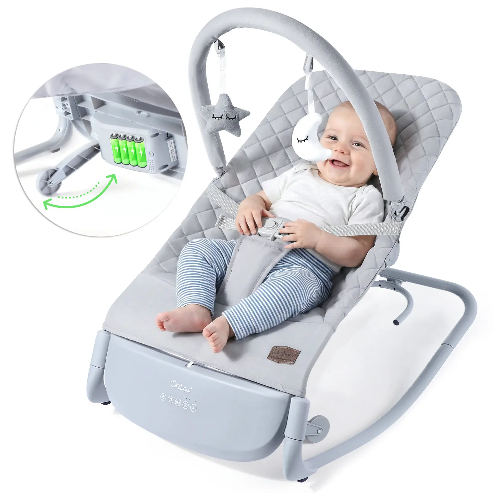 Orzbow Baby Electric Rocker with Music Auto Motion Star & Moon Toy Bar 3-Point Safety Harness Multi-Function Soothing Design outdoorfun