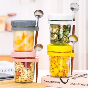 High-Quality Oatmeal Cups Transparent Glass Tumbler with Lid Spoon Good Sealing Multiple Colors Available Breakfast Cup Set Glass Drinking Cup