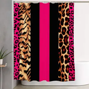 1/4pcs Bold Animal Print Bathroom Decor Set - Glamorous Hot Pink Leopard Stripe Shower Curtain, Shower Essentials, Matching Bath Mats & Toilet Accessories - Trendy Maximalist Design for a Chic Space - Perfect for Festive Home Refresh