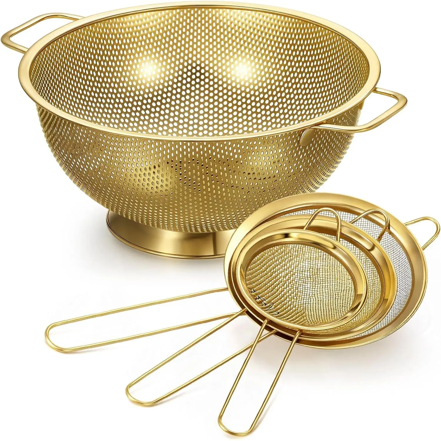 4 Quart Stainless Steel  Colander and 3 count  Fine Mesh Strainer, Stainless Steel Pasta Rice  Metal Strainer with Handles, Easy Clean and Dishwasher Safe
