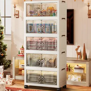 【LIVE】Upgraded Plastic Storage Bins with Lid, Large Stackable Storage Cabinet with Wheels & Magnetic Door, Translucent Collapsible Closet Organizer and Storage for Living Room Kitchen Christmas Boxes