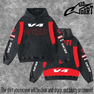 Dirt 29 - Ducati V4 Motor GP Racing Washed Hoodie Vintage Motocross Streetwear Hoodie Dirt Bike Graphic Pullover Y2K Racing Hoodie Oversized Acid Wash Hoodie MX Rider Apparel Unisex Motorcycle Racing Sweatshirt Retro Moto Cross Hoodie