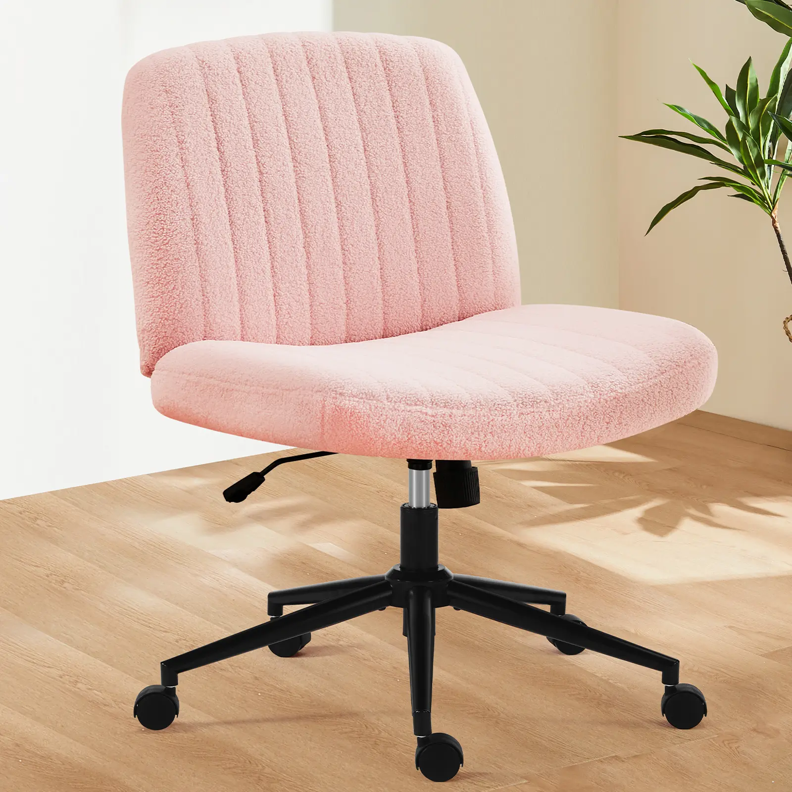 Sweetcrispy Criss Cross Chair with Wheels, Wide Cross Legged Office Desk Chair, Comfy Fabric Armless Adjustable Swivel Vanity Chair for Home Computer Task, Beige