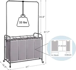 STORAGE MANIAC Laundry Sorter with Hanging Bar, Portable, Removable Laundry Hamper Cart with Heavy Duty Rolling Lockable Wheels and Removable Bags, Rolling Laundry Basket Organizer 181L, 4 Section