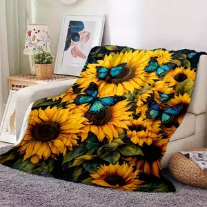    Vibrant Sunflower & Blue Butterfly Flannel Blanket, Ultra-Soft Plush Throw with Realistic Floral Print, Cozy Warm Fleece Blanket for Couch Bed Sofa, Perfect Nature Lover Home Decor & Gift, All-Season Comfort