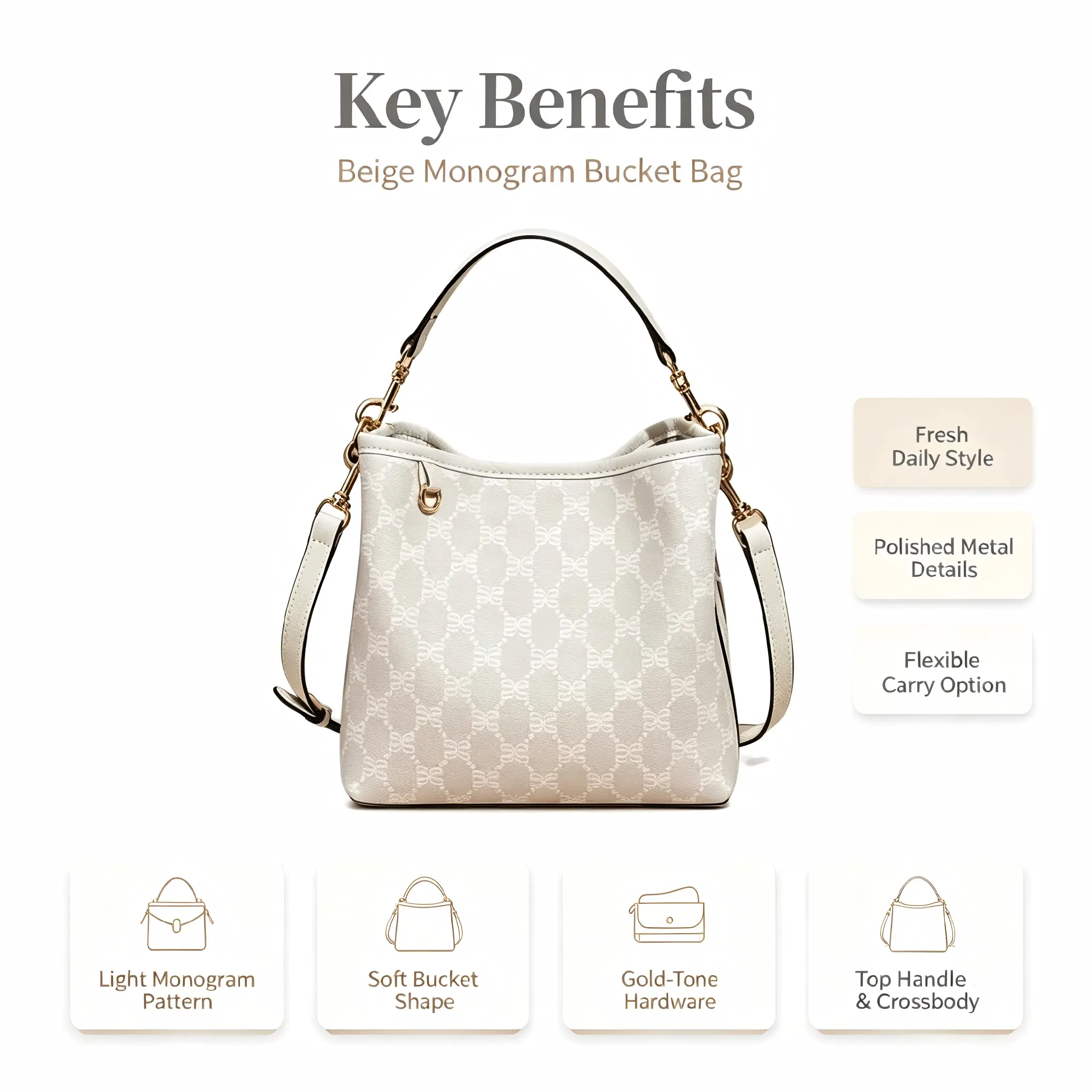 Women's Vintage PVC Bucket Shape Handbag - Large Capacity Beige & White Retro Style, Detachable Strap, Golden-Tone Hardware, Closure, Lining, Magnet - Durable Easy-Clean Elegant Purse for Work, Travel (Clutch Option)