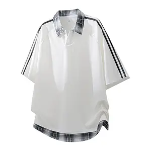 Men’s summer polo shirt, faux two-piece plaid patchwork with contrasting stripes, loose fit, plus size, breathable cool feel, turn-down collar, short sleeves, American retro trendy bad boy casual versatile half-length sleeve top summervibes