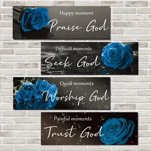 Wooden Blue Rose Wall Decor Set, Modern Home Decor, Watercolor Style Art Hanging, Valentine's Day Gift, Bedroom Living Room Bathroom Decoration