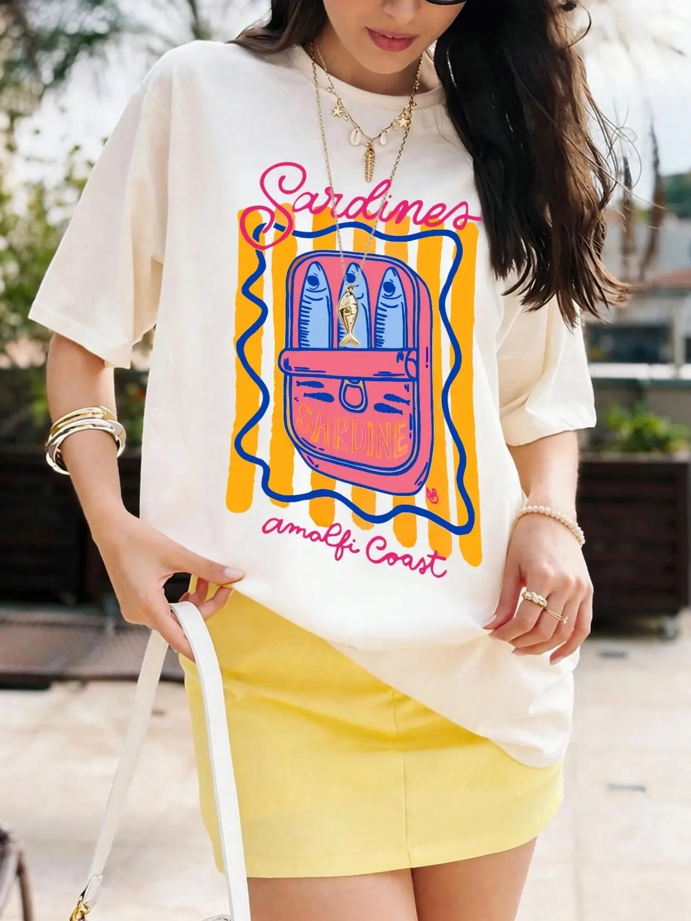 Sardines Amalfi Coast Retro Italian Oversized T-Shirt, Casual Coastal Mediterranean Streetwear Top, Premium Cotton Fabric, Vibrant Italian Summer Aesthetic, Relaxed Oversized Fit, Iconic Sardine Can Print, Versatile Daily Wear, Beach, Everyday, Womenswear