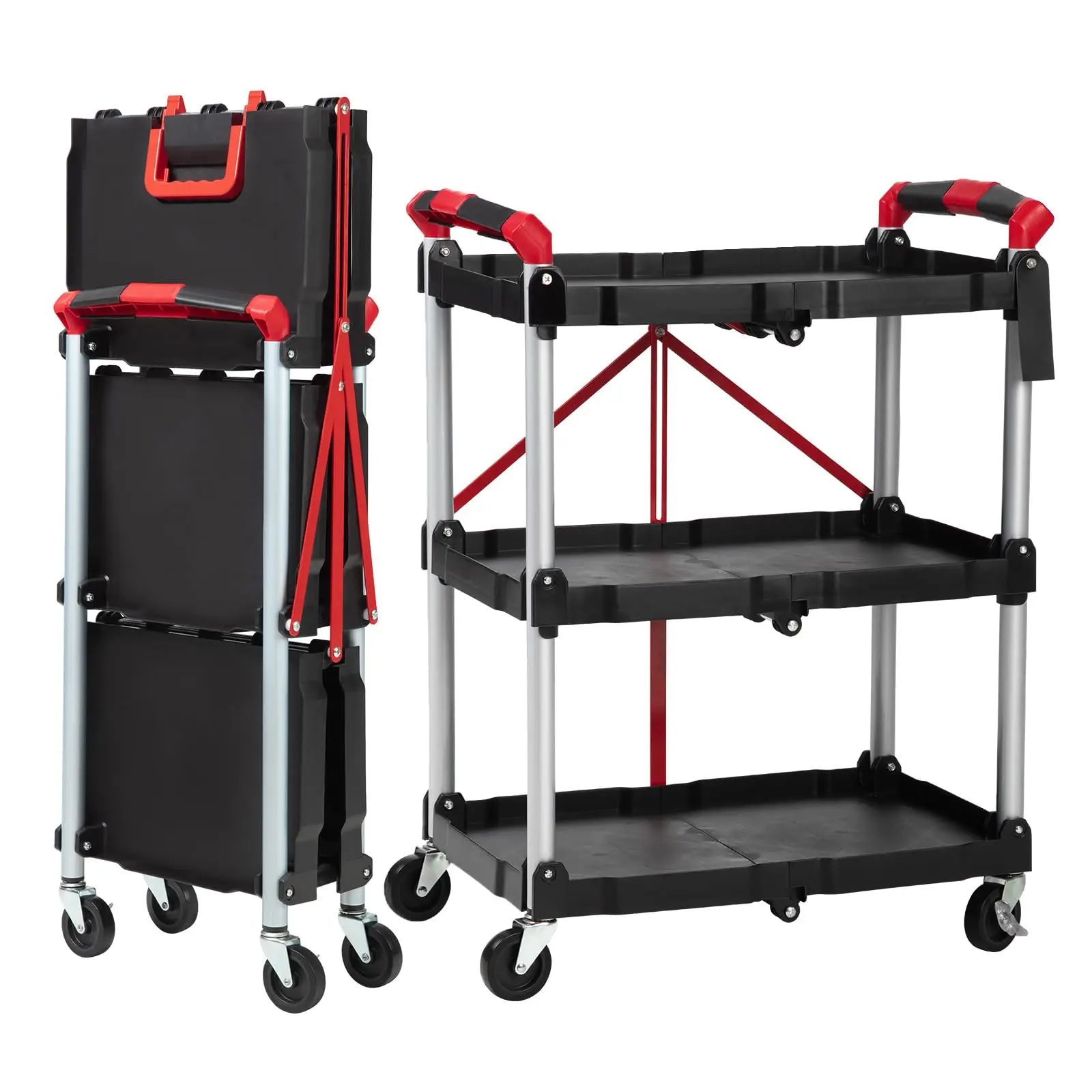 【GARVEE】Foldable Serving Cart, Kitchen Cart with 2 Lockable Wheels, 3 Tiers, Rolling Kitchen Cart, Cleaning Cart, 60x38x83cm, Black